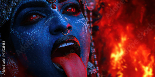 An eye-catching stock photo of intense closeup of kali devi with fiery background, ideal for creative, commercial, or editorial purposes.