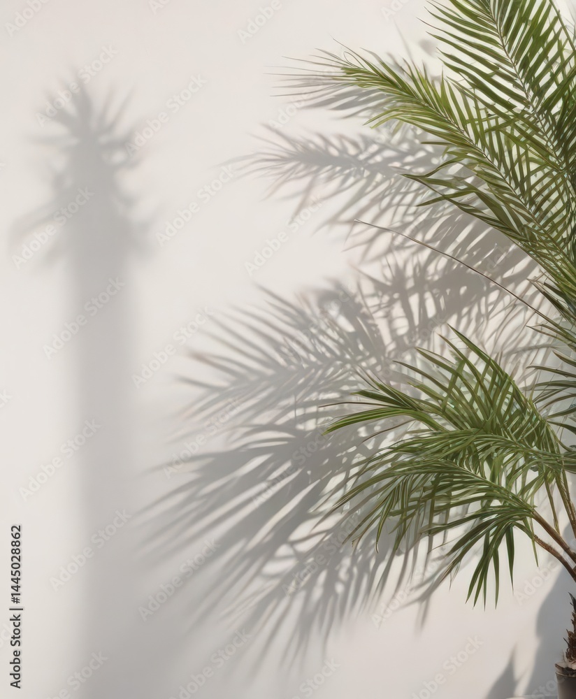 Crisp shadow of palm fronds on white wall, tropical aesthetic, white wall texture, summer Crisp shadow of palm fronds on white wall, tropical aesthetic, white wall texture, summer