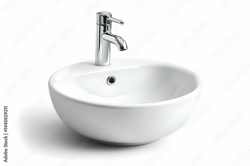 Fototapeta premium A modern, minimalist white sink with a sleek chrome faucet, ideal for contemporary bathrooms or design projects focused on elegance and functionality.