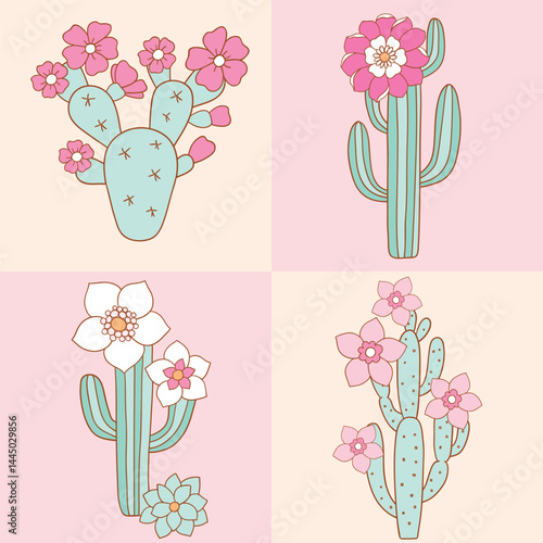 Cute cactus in bloom. Hand drawn vector cacti. Succulent and cactus arrangement. Perfect for tee shirt logo, greeting card, poster or nursery print design. EPS 10 vector file.
