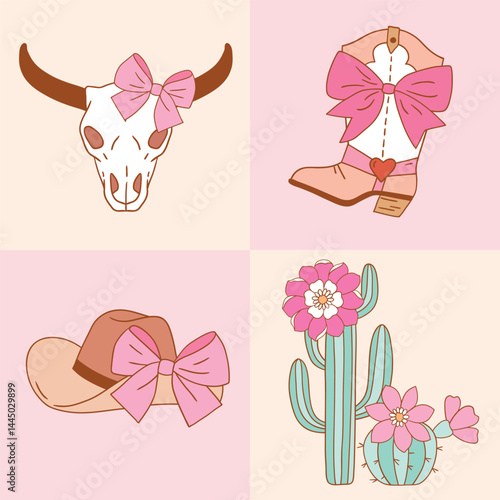 Set of western cowgirl accessory. Hand drawn vector girly rodeo clipart. Perfect for tee shirt logo, greeting card, poster or nursery print design. EPS 10 vector file.