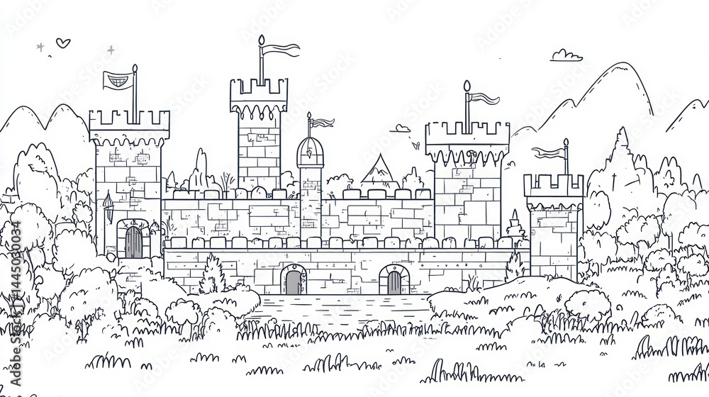 Line art castle in a landscape Line art castle in a landscape