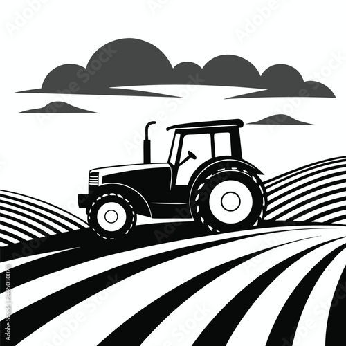Black and White Tractor on Field, Clouds, Agriculture Equipment, Monochrome Icon Style