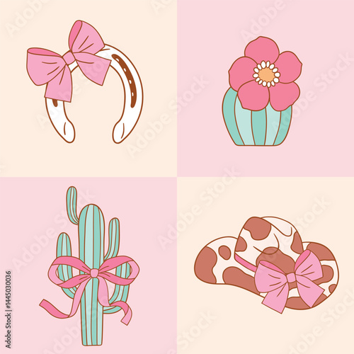 Set of western cowgirl accessory. Hand drawn vector girly rodeo clipart. Perfect for tee shirt logo, greeting card, poster or nursery print design. EPS 10 vector file.