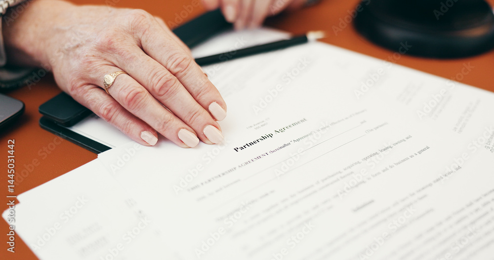 Woman, hands and contract in office for partnership agreement, business offer and legal document. Lawyer, paperwork and deal in law firm for opportunity, onboarding meeting and proposal for signature Woman, hands and contract in office for partnership agreement, business offer and legal document. Lawyer, paperwork and deal in law firm for opportunity, onboarding meeting and proposal for signature