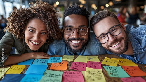 Smiling friends working together with colorful sticky notes in office