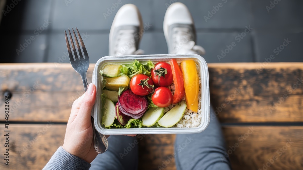 Student lunchbox consists of vegetables and fruits, healthy diet for school children