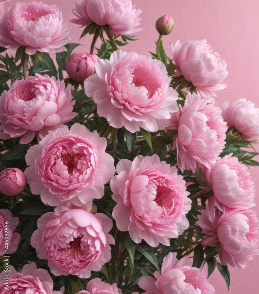 Dense cluster of pink peonies, soft pink backdrop, vibrant, summer Dense cluster of pink peonies, soft pink backdrop, vibrant, summer