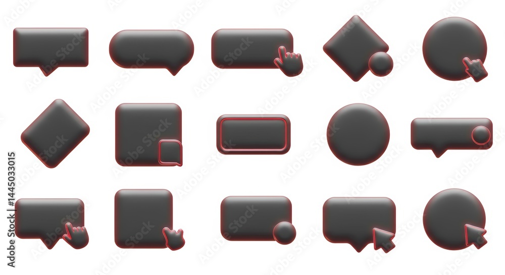Dark gray 3D buttons and icons set with glowing red edges for website or app design Dark gray 3D buttons and icons set with glowing red edges for website or app design
