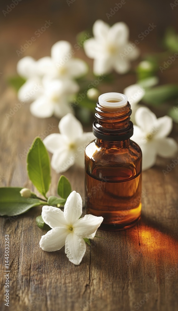 Jasmine Essential Oil Aromatic Essence in a Glass Bottle Adorned with Fresh Blossoms on Rustic Wood Jasmine Essential Oil Aromatic Essence in a Glass Bottle Adorned with Fresh Blossoms on Rustic Wood
