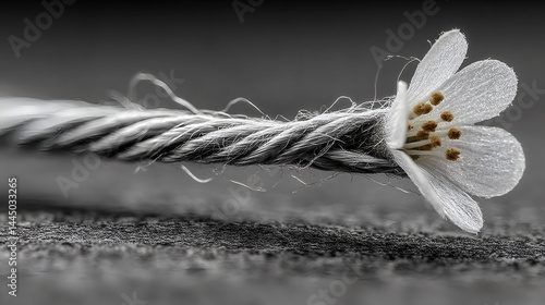 Delicate White Flower on Coiled Metallic Rope in Black and White