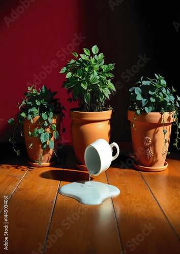  orange pots, home decor, accident, mess, top view, ove