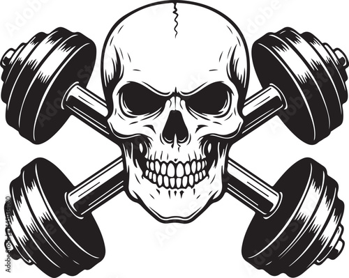 Skull with barbell in teeth. Design element for gym logo, label, emblem, sign, poster, t shirt. Vector image