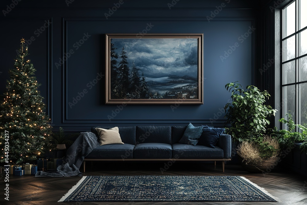 Fototapeta premium Cozy Blue Living Room with Sofa, Artwork, Christmas Tree, Window and Indoor Plants