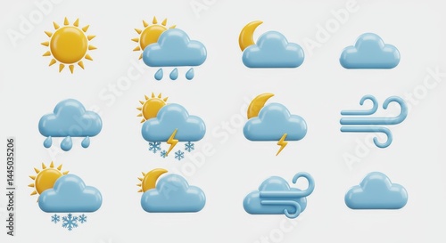 Weather forecast icons set showing sunny, cloudy, rainy, windy, snowy, and stormy days for meteorology reports and mobile applications