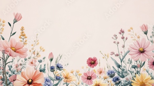 Fototapeta Naklejka Na Ścianę i Meble -  A beautiful watercolor floral pattern with asters in pastel colors, with an empty space for the text in the center on top of it, on a light pink background, the flowers are located at the bottom of th