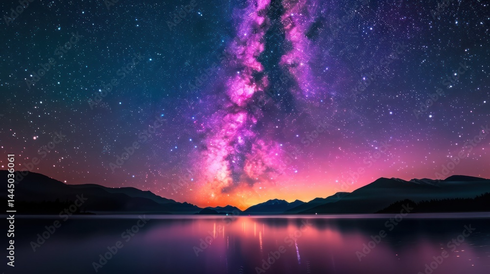 Fototapeta premium Stunning long exposure photograph of the vibrant Milky Way galaxy with bright colorful stars reflecting on a calm lake surrounded by silhouettes of mountains du clear night sky
