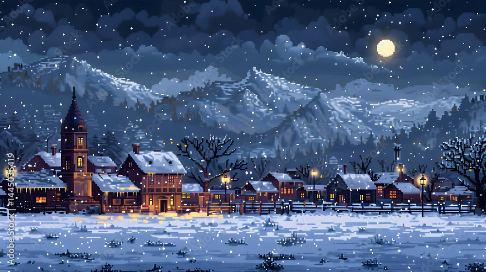 Charming Winter Village Landscape with Snowfall and Mountain Views in Atmospheric Pixel Art Style under Moonlight at Night Charming Winter Village Landscape with Snowfall and Mountain Views in Atmospheric Pixel Art Style under Moonlight at Night