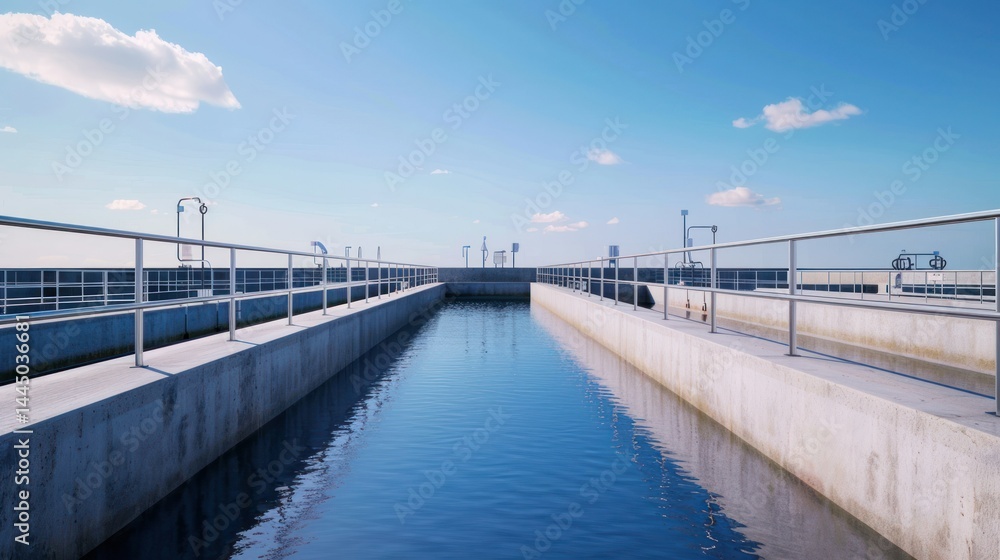 Obraz premium Modern water treatment facility with a large rectangular open channel under a clear blue sky for environmental enginee and industrial infrastructure scenes