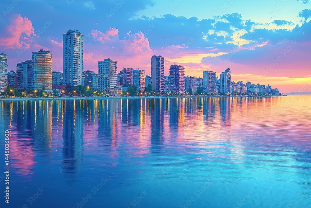 Coastal city skyline reflected in calm ocean water at sunrise.