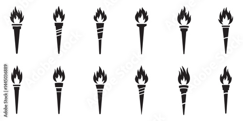 Torch Flame Vector Icon Set, Torch flame icons. Big set of different torch fire flames in black


