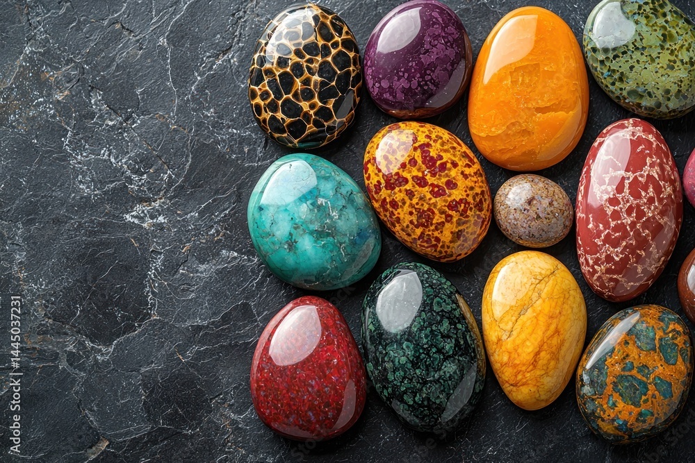 Collection of colorful polished stones on dark background.