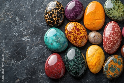 Obraz na płótnie Collection of colorful polished stones on dark background. w salonie