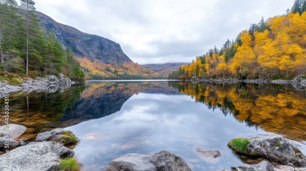 Fototapeta premium Autumn lake reflected in calm water