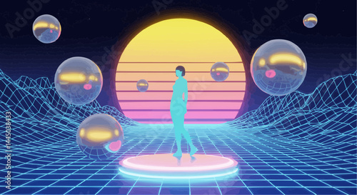 Futuristic glowing figure standing in digital space with bubbles  