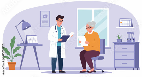 Doctor discussing health with elderly patient in medical office -  