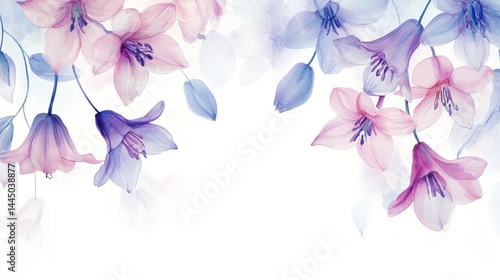 A beautiful watercolor floral pattern with pink bluebell in pastel colors, with an empty space for the text, on a white background, the flowers are located at the left of the picture