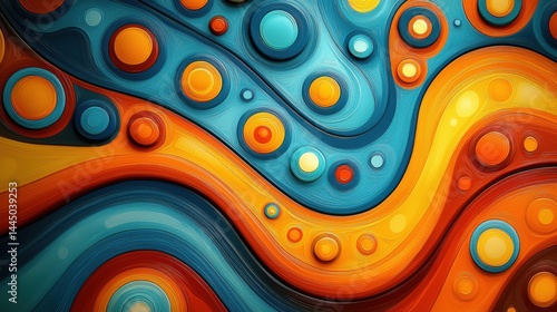 Retro groovy floral pattern in blue, mustard and orange tones styled as vintage boho wallpaper, featuring bold 70s-inspired botanical elements for interior, fabric or graphic design use.