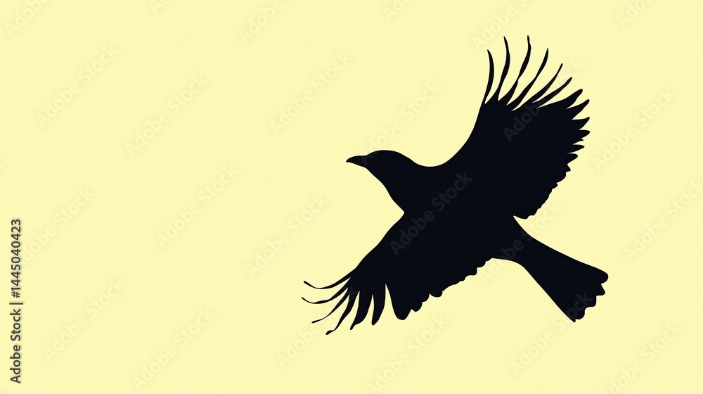Fototapeta premium Soaring Silhouette Bird in Flight Against Pale Yellow