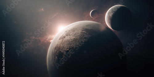 An eye-catching stock photo of multiple planets in space with atmospheric glow, ideal for creative, commercial, or editorial purposes.