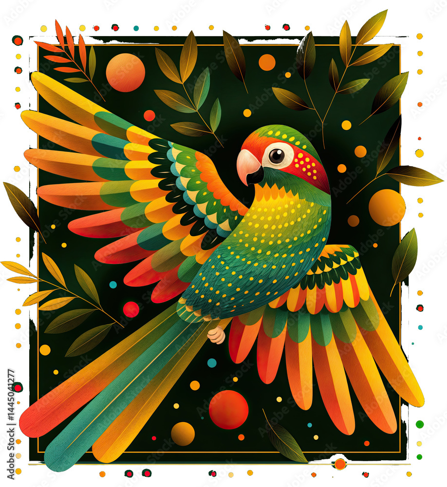 a vibrant illustration of a parrot with bright, colorful feathers. It is surrounded by various leaves and circular patterns in a dark, ornate frame.
