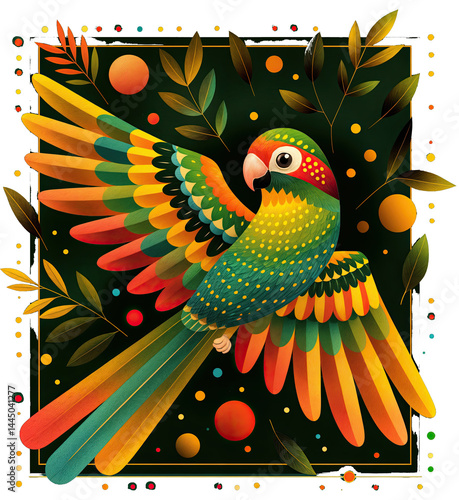 Obraz na płótnie a vibrant illustration of a parrot with bright, colorful feathers. It is surrounded by various leaves and circular patterns in a dark, ornate frame. w salonie