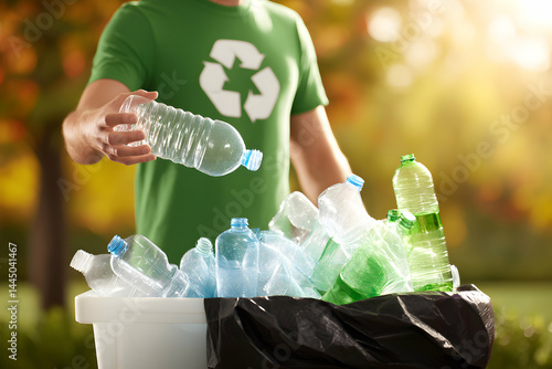 Wallpaper Mural Person in a Recycled Shirt Disposing of Plastic Bottles in a Bin Outdoors Torontodigital.ca