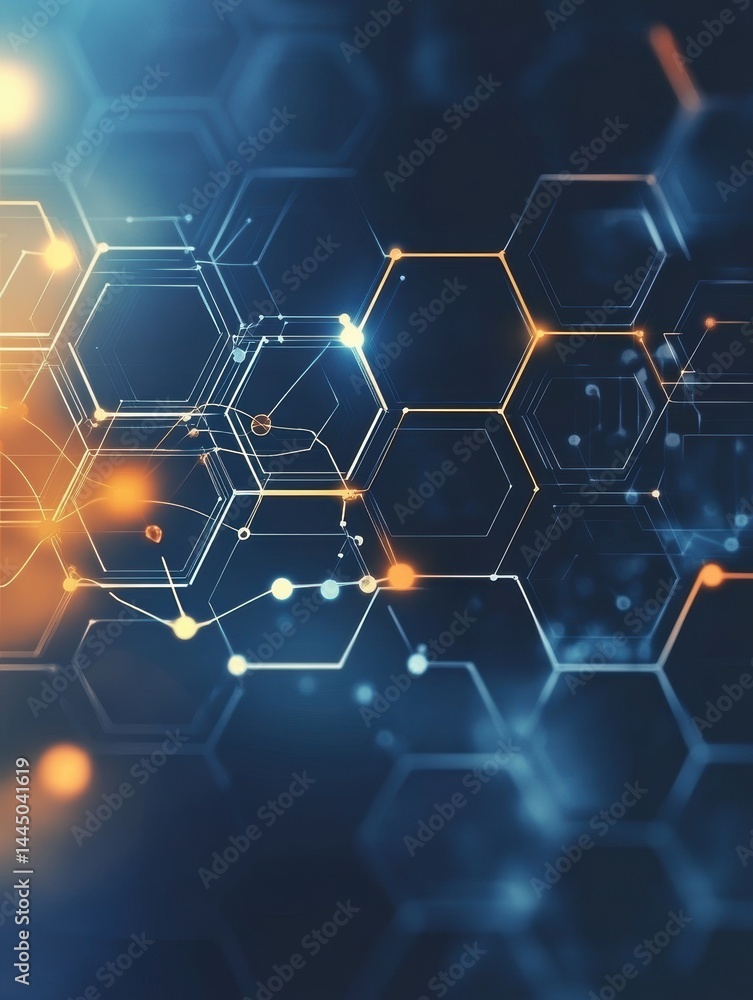 Abstract network technology background featuring interconnected hexagons and glowing points for global internet Abstract network technology background featuring interconnected hexagons and glowing points for global internet