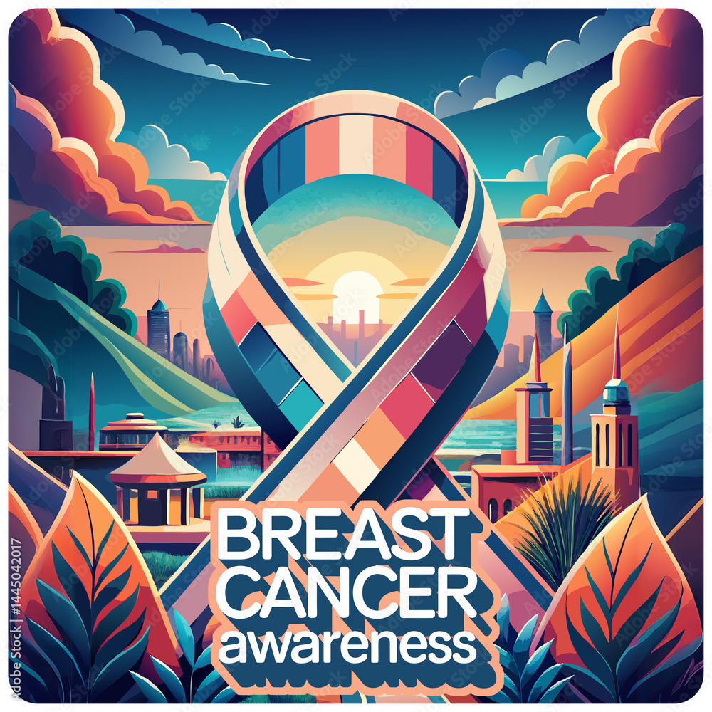 a colorful illustration of a cityscape with a prominent ribbon-shaped symbol in the center, symbolizing breast cancer awareness. The background includes a vibrant sunset and clouds