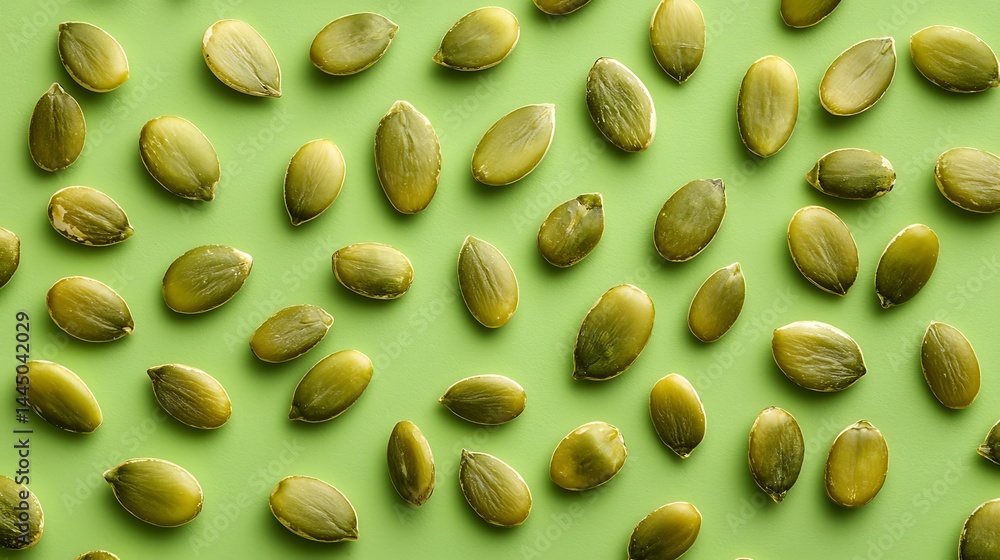 Pumpkin seeds are scattered evenly on a green background, creating a simple and vibrant pattern. Pumpkin seeds are scattered evenly on a green background, creating a simple and vibrant pattern.