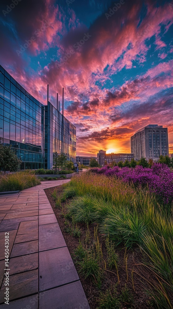 Obraz premium Vibrant Sunset Over Modern Office Buildings and Lush Garden Plants Creating a Scenic Urban Landscape