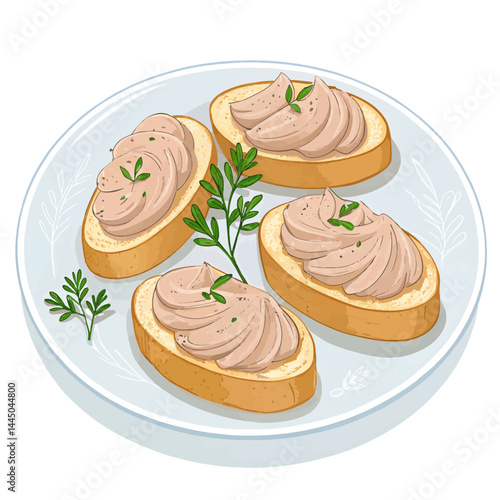 Vector of Monkfish Liver Pâté on Toasted Baguette, monkfish liver vector, seafood pâté art, toast flat icon, gourmet toast illustration, fancy seafood food vector, aesthetic, vibrant, majestic