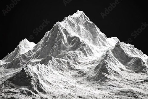 Monochrome Abstract Mountain Range Texture, White Topography on Black Background, 3D Render