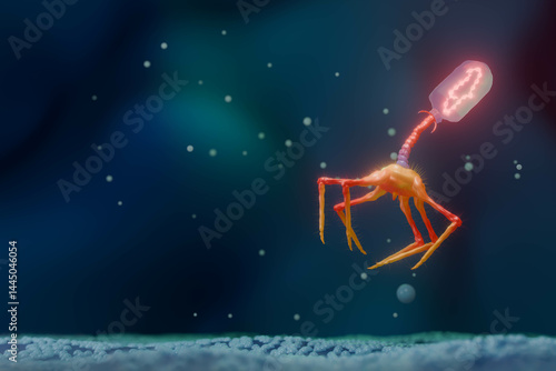 3D Rendering of Bacteriophage Virus on Bacterial Cell