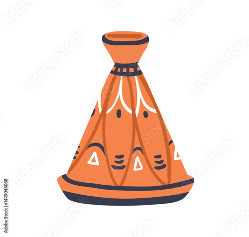 Tagine vessel with conical lid, traditional moroccan ceramic pot couscous. North african pottery, con shaped dish. Crockery from Morocco. Flat vector illustration isolated on white background