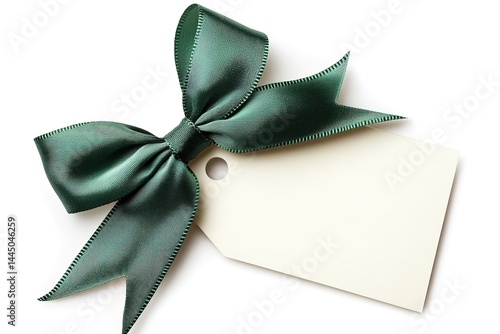 Green Ribbon Tied in Bow with Blank Ivory Tag, Isolated on White, Holiday Aesthetic