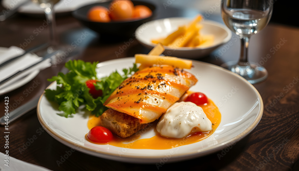 Delicious gourmet food, Side lit. with white shades Delicious gourmet food, Side lit. with white shades
