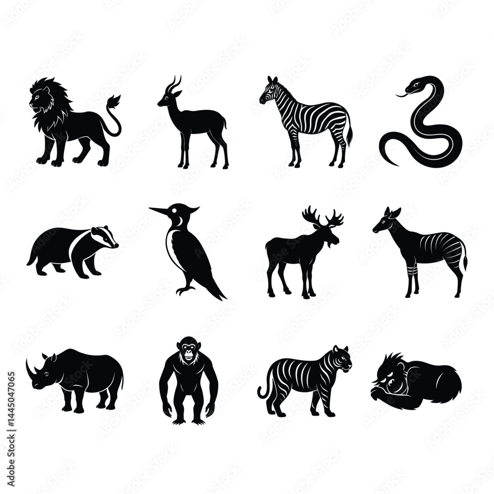 Naklejka premium Big collection of bundle animals. More than 12 silhouettes of various types of sea animals. Vector illustration,