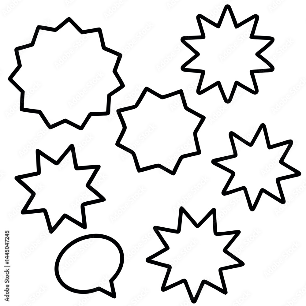 Collection of Black and White Speech Bubbles and Stars Collection of Black and White Speech Bubbles and Stars