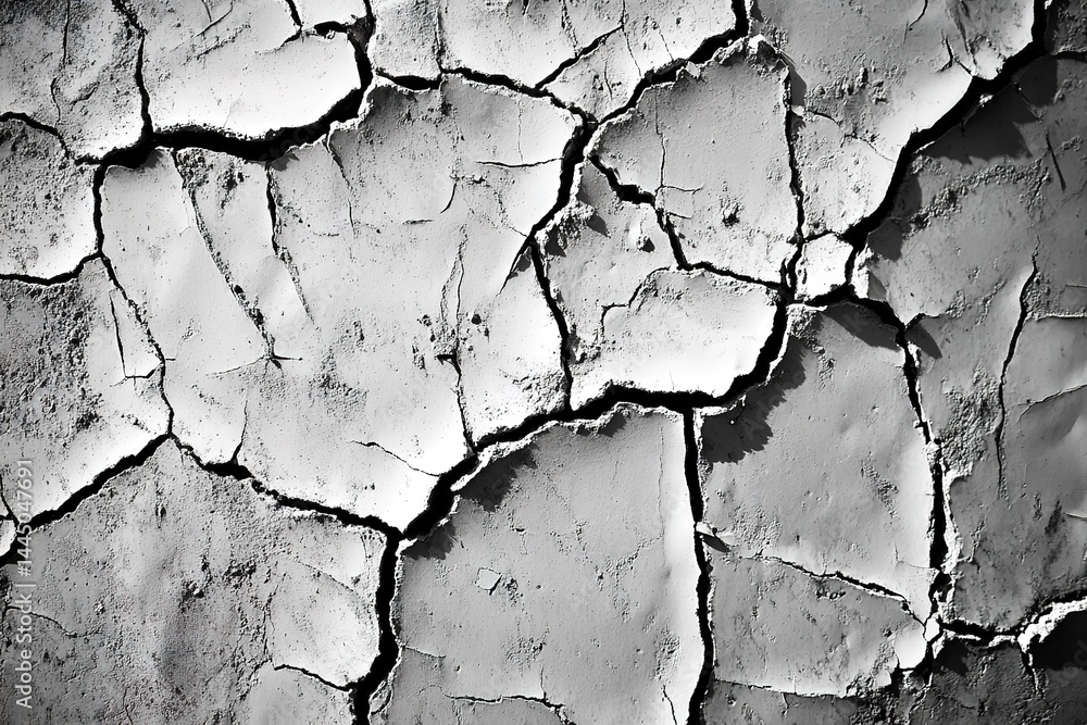 Obraz premium Arid Cracked Earth Texture, Drought Parched Land, Grey Clay Soil, Global Warming Effects